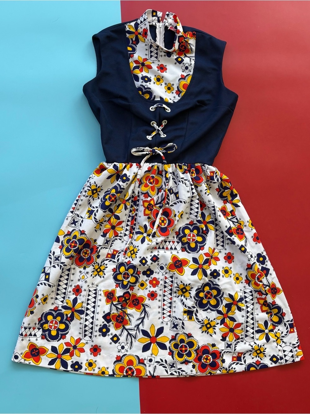 Vintage P.S. I Love You Dress Floral Lace Up Navy Red Yellow Mod 60s 70s